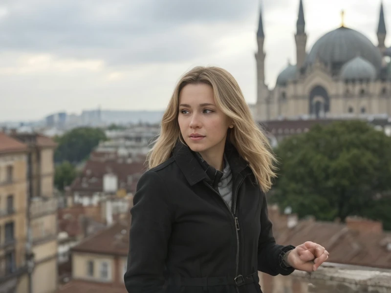(best quality,4k,8k,highres,masterpiece:1.2),ultra-detailed,(realistic,photorealistic,photo-realistic:1.37), blond, beautiful Alafide woman standing on the rooftop overlooking the city's skyline, Victoria Gavriilenko, Sofia Melechenko, Anastasiia Ovchinnikova, Oliya Bosak, Ekaterina Adudova, Dashataran, Yelena Belova, Seryna Marion, by Emma Andijewska, profile picture, Niltoroni