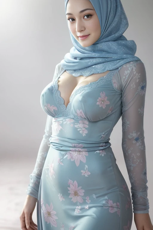 Luna Maya, (RAW photo:1.2), (photorealistic:1.4),(masterpiece:1.3),(best quality:1.4),ultra high res,(detailed eyes),(detailed facial features),(detailed clothes features),HDR,8k resolution, skin tight, (((high detailed skin,visible pores))), dreamlike, (ulzzang-6500-v1.1:0.5),pureerosface_v1:0.2, face close-up, 1 girl, tall body, slim faces, body abs:1.2, , 25 years old, gigantic breast, wear a short, tight close pastel floral gamis brobe open from the front of the chest to the bottom , showing liitle nipples, with hijab, full body shot, beautiful shy smile, wearing high heels