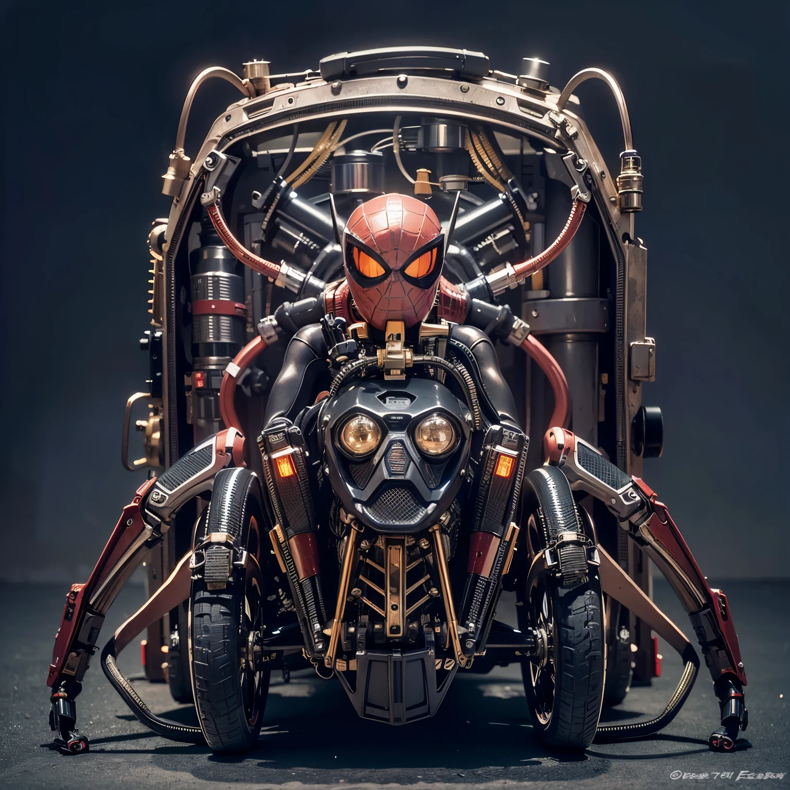 A spider-inspired mechanical backpack、devil、Strengthen the outer frame、Japanese women、Very beautiful face、full body shot、Realistic、Ultra-realistic、Super detailed、Extremely intricate details、Lighting that highlights the machine、Glossiness、Ruined metropolis background
