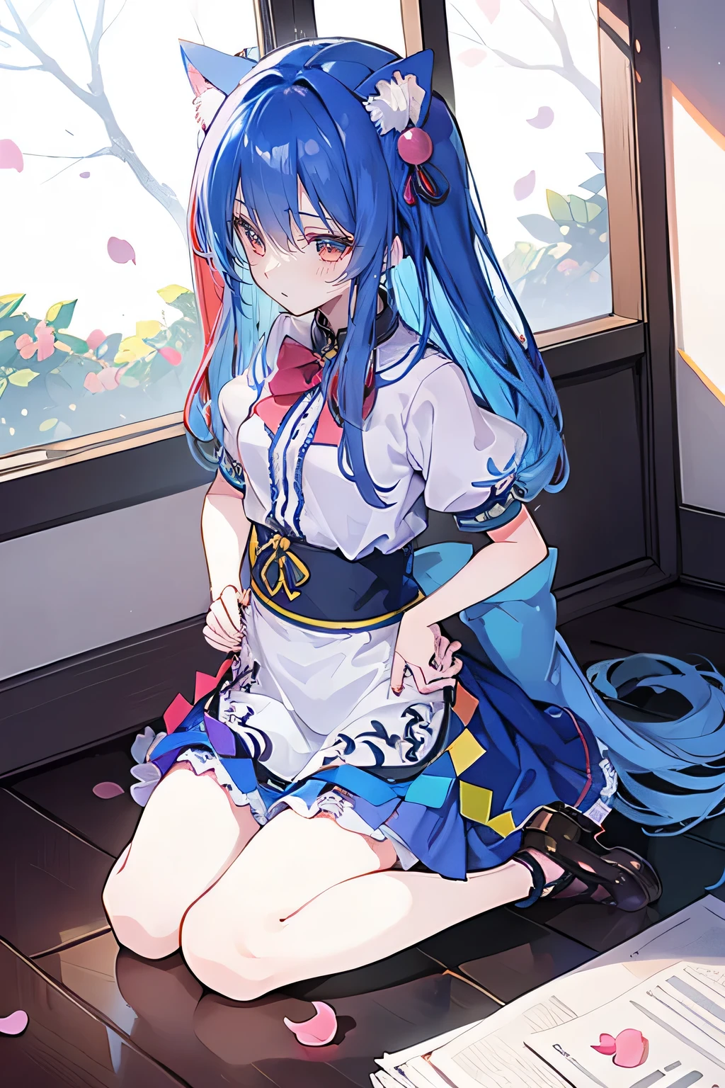 (masterpiece),best quality, expressive eyes, perfect face, 1girl,
Put your hands on your waist,fair, Gorgeous,Japanese cartoons,girl,lola,Hina Angel, blue hair, blue haired, floating clothes,Grab your waist, Grab your waist, hands on hips , hands on hips,sit, sit on ground, Legs on the ground, flat chest,cat ears,Petals fall,Sitting in the summerhouse,summerhouse,
