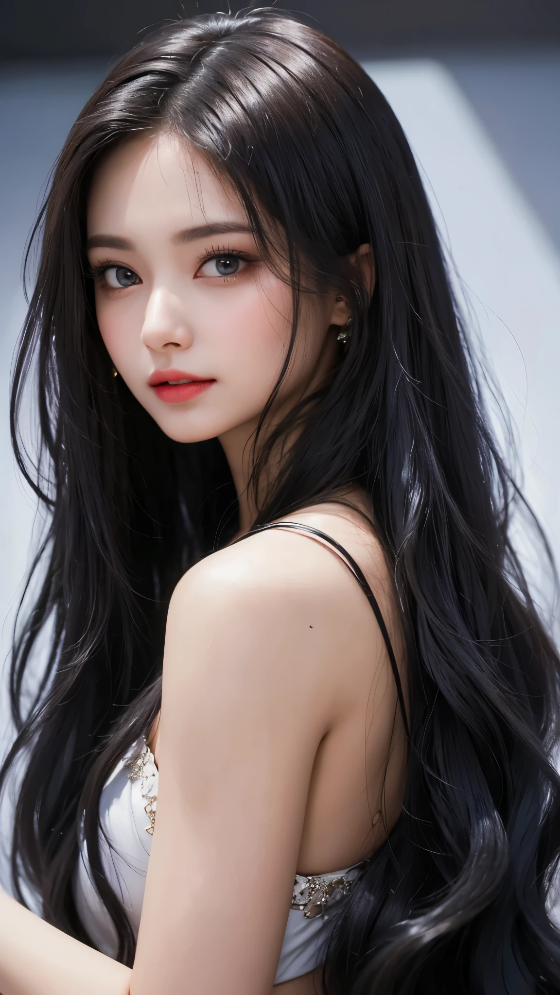 "In the style of an oil painting, a woman with exquisite facial features and an incomparable sense of style. Her thick coating of paint adds depth and dimension to her stunning beauty, while her long black hair cascades down her waist in a mesmerizing fashion. Her long eyelashes and dark brown pupil eyes draw you in, while her perfectly applied lip balm adds a touch of elegance. Each strand of hair is carefully rendered, creating a beautiful and unique piece of art that captures the essence of true beauty."