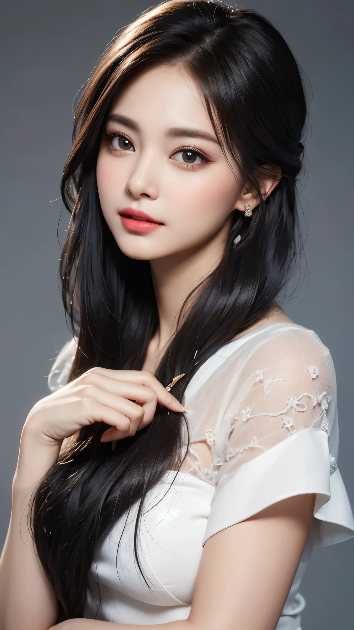 "In the style of an oil painting, a woman with exquisite facial features and an incomparable sense of style. Her thick coating of paint adds depth and dimension to her stunning beauty, while her long black hair cascades down her waist in a mesmerizing fashion. Her long eyelashes and dark brown pupil eyes draw you in, while her perfectly applied lip balm adds a touch of elegance. Each strand of hair is carefully rendered, creating a beautiful and unique piece of art that captures the essence of true beauty."