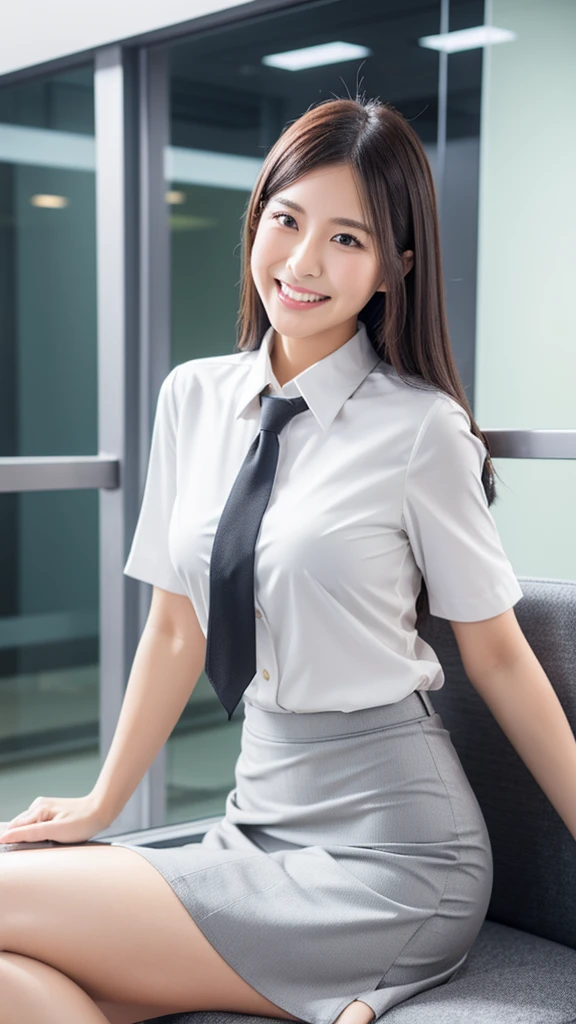Japanese Beauty,Business service, Grey Skirt, Business Attire, Work clothes, Work clothes, Catalogue photo, from me, Detailed Images, Business Attire装, Image Center, grey, white shirt and Grey Skirt, Wearing business casual dress,Her white panties are visible from under her skirt,laughing,Sitting,slim japanese woman,thin shirt,