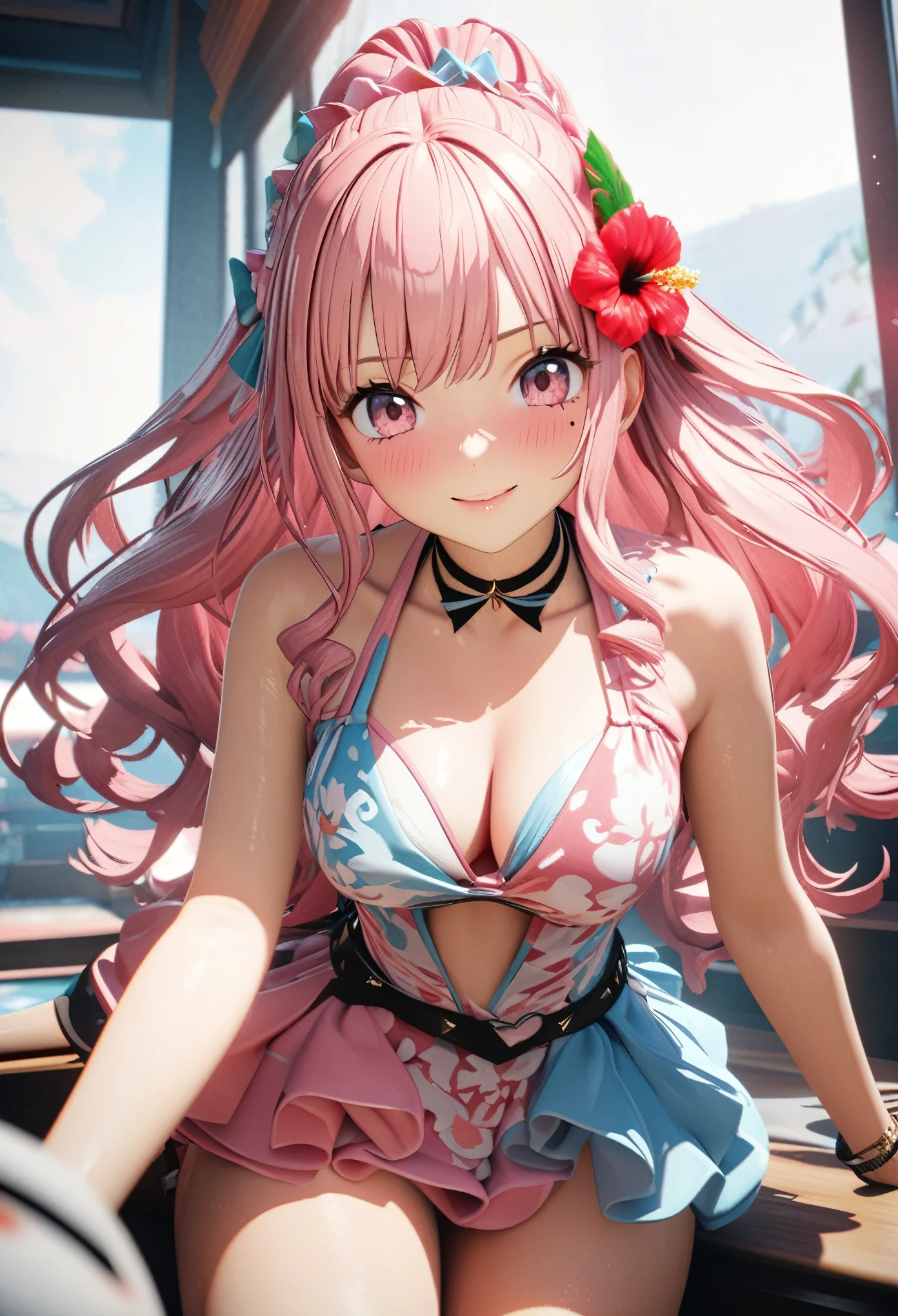masterpiece, highest quality, Very detailed, High resolution, Expensive resolution, High resolution, 4K, 8k, unity 8k wallpaper, Very detailed CG, masterpiece,  2D, 3D, Beautiful details, depth, Fine texture, highest quality: 1.3, Total concentration, Crisp skin, he, Very cute anime rabbit, A cute rabbit like an idol, expensive pink long hair, One Girl, Aloha One Piece, morning, morning食, Hibiscus Hair Accessories, Smiling long pink hair, whole body, Mole under the eye, Line Sight, expensive, blush, Lips parted, heart, Pink Eyes, choker