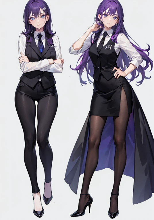 ((Perfect Face)),Purple Hair,Long Hair,1 female,bartender,suit,Black vest,Shirt with rolled up sleeves,tie,slit,High heels,,((Simple Background)),smile,((whole body)),((whole body)),Portraiture,virtual,upright,,Both arms are down,Standing upright with face and body facing forward,