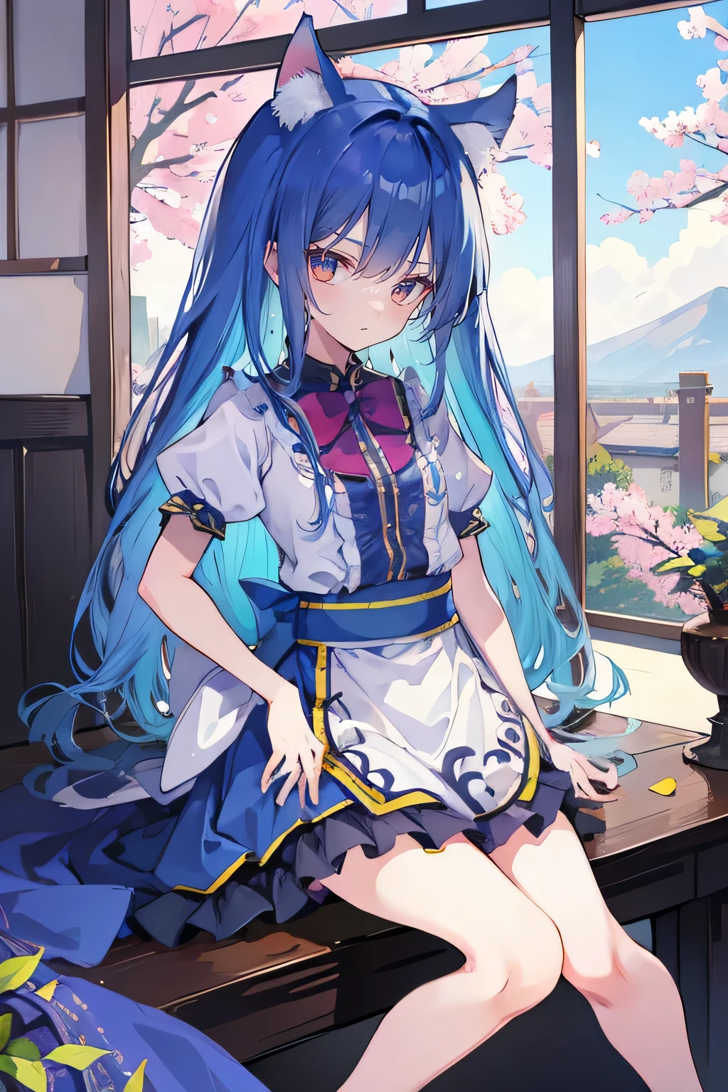 (masterpiece),best quality, expressive eyes, perfect face, 1girl,
 Put your hands on your waist,fair, Gorgeous,Japanese cartoons,girl,lola,Hina Angel, blue hair, blue haired, floating clothes,Grab your waist, Grab your waist, hands on hips , hands on hips,sit, sit on ground, Legs on the ground, flat chest,cat ears,Petals fall,Sitting in the summerhouse,summerhouse,
