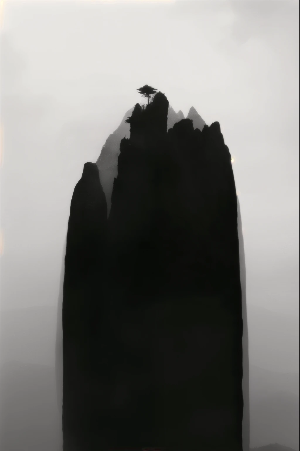 There is a black and white photo,There is a tree on the mountain, Floating mountains, Nicolas Delort, Mountain View. Movie stills, author:Yang Borun, by Cheng Jiasui, There are jagged rocks and strange, Inspired by Sōami, jingna zhang, Taoist Temples in Huangshan, Chinese scenery, by ruan jia