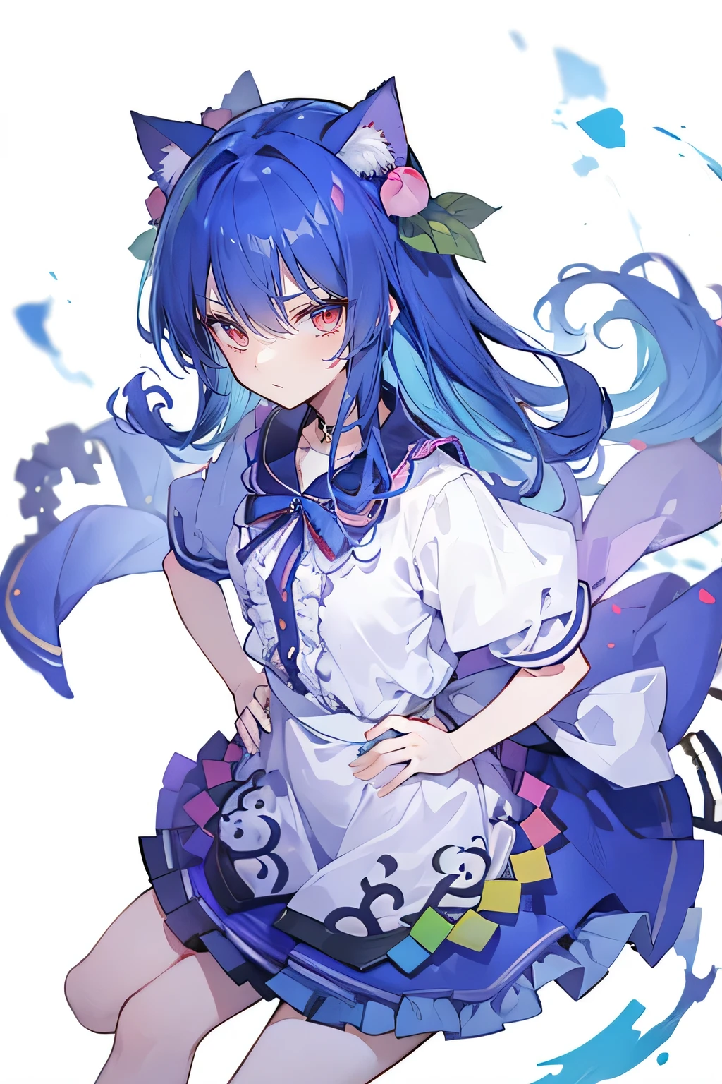 (masterpiece),best quality, expressive eyes, perfect face, 1girl,
 Put your hands on your waist,fair, Gorgeous,Japanese cartoons,girl,lola,Hina Angel, blue hair, blue haired, floating clothes,Grab your waist, Grab your waist, hands on hips , hands on hips,sit, sit on ground, Legs on the ground, flat chest,cat ears,Petals fall,Sitting in the summerhouse,summerhouse,