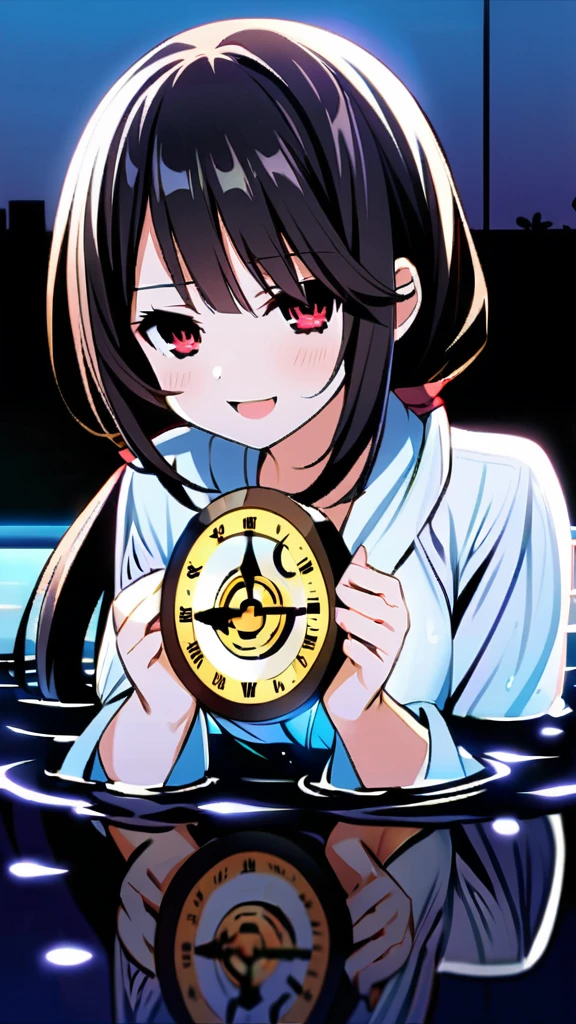 1girl, Kurumi Tokisaki, ((DATE A LIVE ))pearly skin and long, black hair usually tied in long twin tails. Her right eye is red-tinted while her left eye appears as a golden(inorganic clock face) , In the stillness of the rainy night, a anime girl dressed in a white robe sat by the edge of the swimming pool. The pool's water shimmered under the dim light, casting a soft glow on her intertwined hands hanging in the water. Her open mouth formed a radiant smile, and her dark, lustrous hair was in disarray, framing her beautiful, blushing face. Her eyes, wide and expressive, reflected a joyful smile, overlapped with two gleeful emoticons. Her black hair, slick with water, clung to her shoulders, making her plump body appear even more voluptuous in the dim light. Her Medium. Sfw (sfw:1.3)