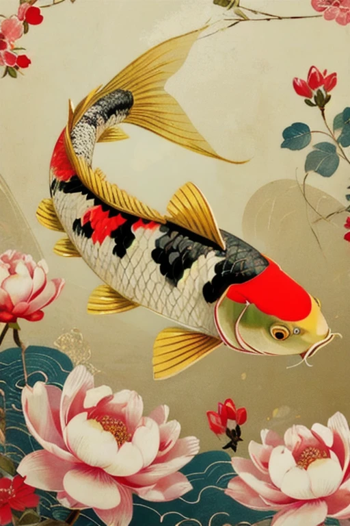 masterpiece,high quality,illustration,China in numbers,vector,carp,Clean background,Flowers,flat,Chinese Ink Painting