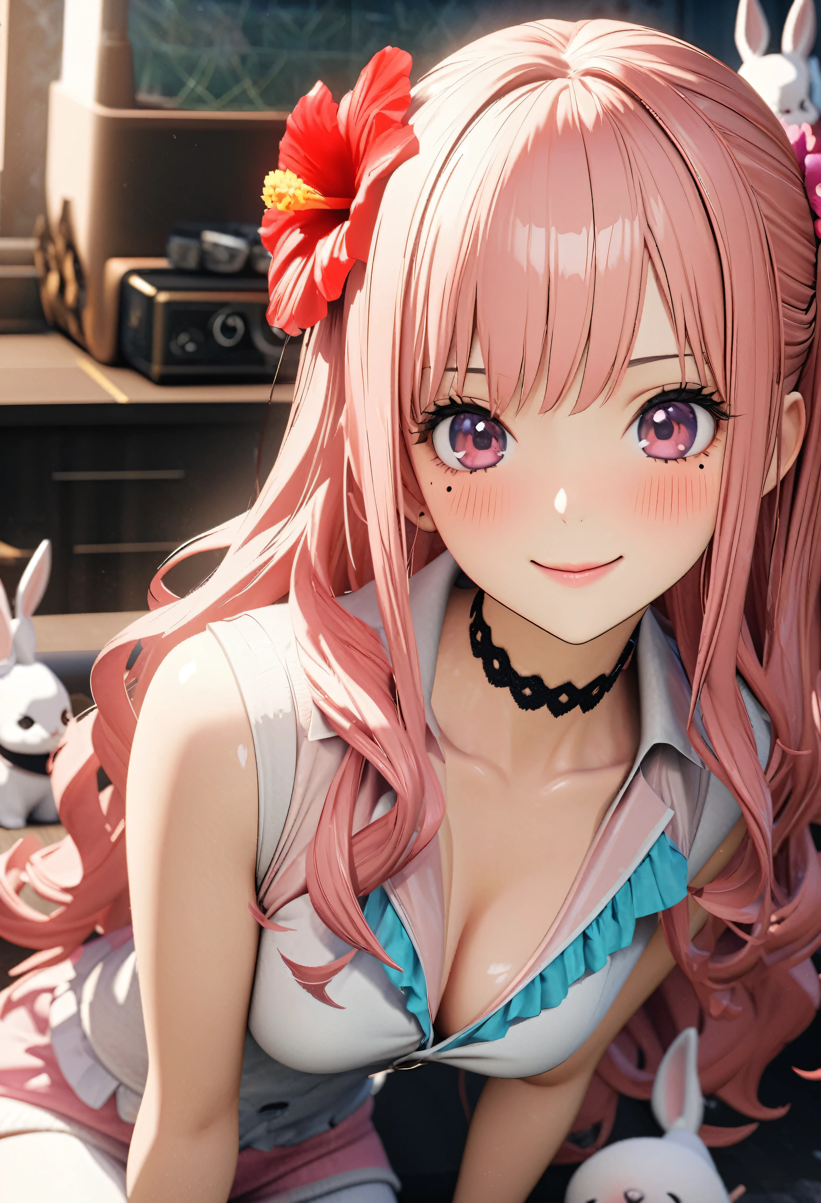 masterpiece, highest quality, Very detailed, High resolution, Expensive resolution, High resolution, 4K, 8k, unity 8k wallpaper, Very detailed CG, masterpiece, 2D, 3D, Beautiful details, depth, Fine texture, highest quality: 1.3, Total concentration, Crisp skin, he, Very cute anime rabbit, A cute rabbit like an idol, expensive pink long hair, One Girl, Aloha One Piece, morning, Breakfast, Hibiscus Hair Accessories, Smiling long pink hair, whole body, Mole under the eye, Line Sight, expensive, blush, Lips parted, heart, Pink Eyes, choker