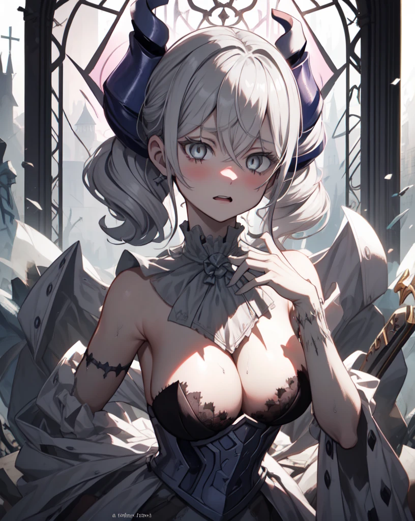 One girl, labrynth, Silver Hair, Grey Eyes, big breasts, horn, Cleavage, silver castle, Exquisite, blush, Nervous,Cowboy Shot, ,High quality generation of dark female characters, Unreasonable, A horror movie-like worldview with a black theme. It has a creepy and attractive appearance.、all black fashion。. The background is a dark and desolate landscape, Horror movie atmosphere. Her figure is terribly beautiful, Emphasizing the dark and crazy elements. Skillfully expressing the effects of light and shadow, detailed, The face and expression of the black costume are also carefully drawn.., Artistic elements add depth to the work. The overall atmosphere is creepy and nightmarish.., With a unique artistic touch. This movie is、The dark and crazy world of horror movies depicted in high definition., Evoke visual stimuli and aesthetic sense, It will terrify and excite the audience... I create works that combine the dark and Unreasonable worldview of horror movies with artistic elements