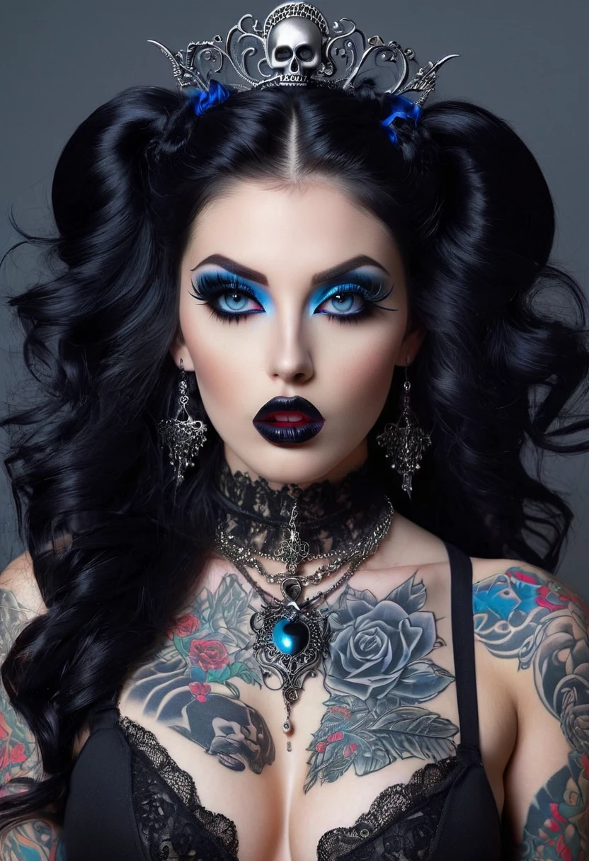 Hyper realistic photo perfect goth vampire, sexy seductive facial features, tattooed face, smooth snow white skin, thin curved black eyebrows, Black eyeliner, dark black eye shadow, neon blue eyes, crazy eyes, thick black lipstick, seductive curved lips, extremely detailed long black wavy hair, vibrant red highlights, earrings, lip piercings, choker collar with chains, ((complete fullbody)), larg voluptuous breast,detailed small perky nipples,skull tattooed breast, skull tattooed Sternum underboob, tattooed stomach, slim waist, toned hips, toned thighs, tattooed back, tattooed hips, teenage vagina, perfect pussy, thick toned ass, demonic tattooed vagina, demonic tattooed ass,exotic fishnet, full body portrait 