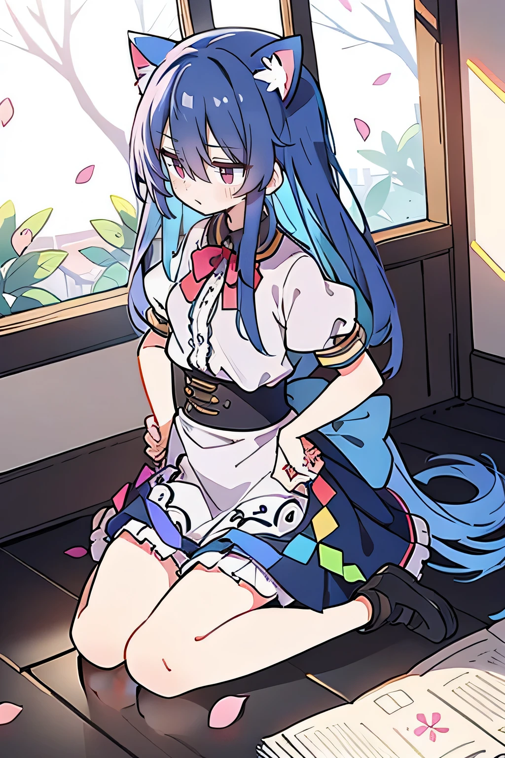 (masterpiece),best quality, expressive eyes, perfect face, 1girl,
 Put your hands on your waist,fair, Gorgeous,Japanese cartoons,girl,lola,Hina Angel, blue hair, blue haired, floating clothes,Grab your waist, Grab your waist, hands on hips , hands on hips,sit, sit on ground, Legs on the ground, flat chest,cat ears,Petals fall,Sitting in the summerhouse,summerhouse,