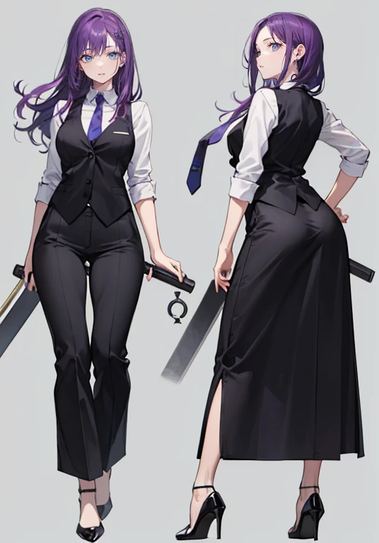((Perfect Face)),Purple Hair,Long Hair,1 female,bartender,suit,Black vest,Shirt with rolled up sleeves,tie,slit,High heels,,((Simple Background)),smile,((whole body)),((whole body)),Portraiture,virtual,upright,,Both arms are down,Standing upright with face and body facing forward,