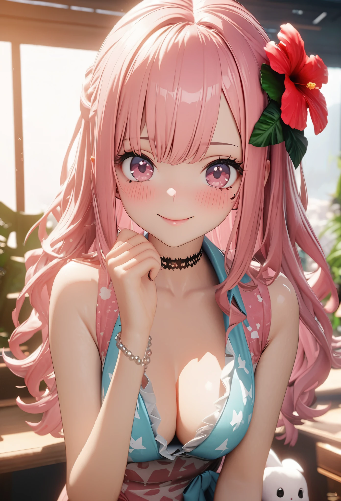 masterpiece, highest quality, Very detailed, High resolution, Expensive resolution, High resolution, 4K, 8k, unity 8k wallpaper, Very detailed CG, masterpiece, 2D, 3D, Beautiful details, depth, Fine texture, highest quality: 1.3, Total concentration, Crisp skin, he, Very cute anime rabbit, A cute rabbit like an idol, expensive pink long hair, One Girl, Aloha One Piece, morning, morning食, Hibiscus Hair Accessories, Smiling long pink hair, whole body, Mole under the eye, Line Sight, expensive, blush, Lips parted, heart, Pink Eyes, choker