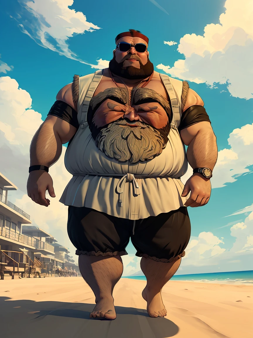 (((a fat bearded man zangief personagem do jogo Street fight 6))),walking barefoot on the beach ((wearing only red swim speedo)),(he doesn't wear a t-shirt),(he doesn't wear shorts), sunglasses, smiling, holding a glass of wine, short white hair, watch on the wrist, Nordic bracelets on the wrist, Nordic cord around the neck, incredible clouds in the sky, reflection of the sun, low angle of the image.