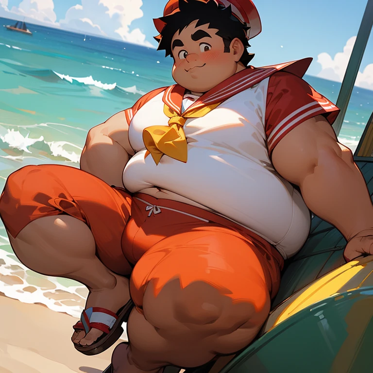 masterpiece、8K、1 male、solo、Very fat man obesity Brown skin Short Hair Black Hair Completely naked Sandy Beach Boat She's wearing a red sailor suit with a yellow ribbon and bare stomach. Sandals Expose Wearing a red sailor's hat Thick eyebrows Holding rice balls in your hands