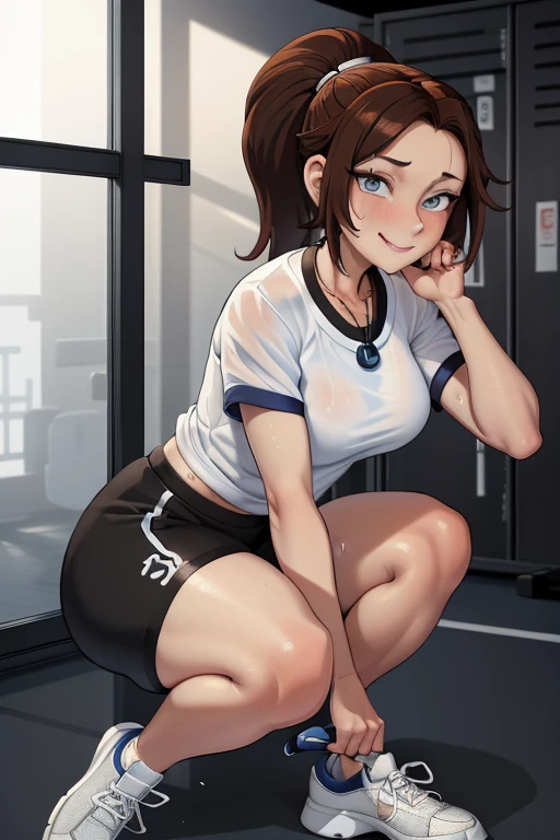 masterpiece, best quality, 1girl, portrait, 37 year old woman, short brown hair, ponytail styled hair, blue eyes, ((Wearing: White Gym T-shirt, Black Gym sweat pants, whistle necklace and black tennis shoes)), smile, indoors, locker rooms
