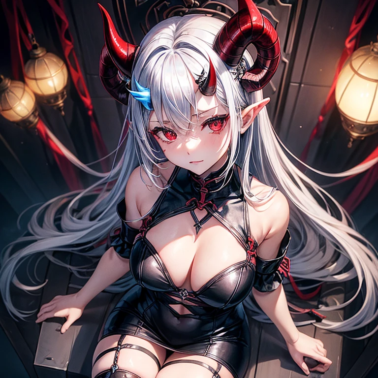 ((1 female))、Silver Hair、Red eyes、((Two blue horns))、((Black Bondage Fashion))、sit on the throne、(hell)、Female Yama Demon King、black、