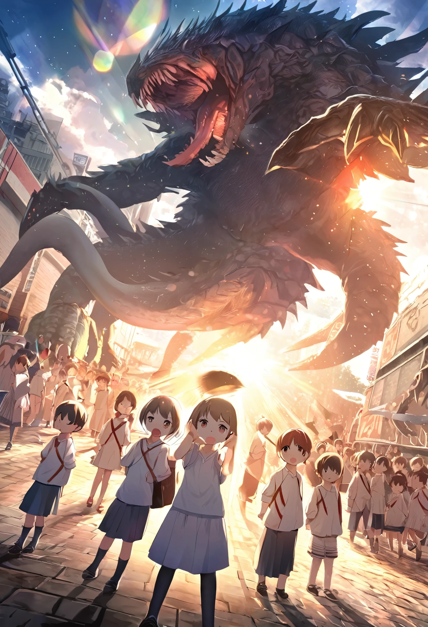 top quality, best quality, High-quality illustrations, masterpiece, super high resolution, detailed background, Back alleys((battle movie of Terrifying creatures and human child)), 6+boys, 6+girls, absurdres(highly detailed beautiful face and eyes)perfect anatomy, expression, caustics, light rays, dynamic lighting, light particles, lens flare, cinematic shadow(kemono, furry anthro)assorted poses, dynamic angle,