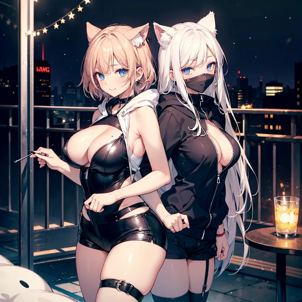Realistic and detailed image of a girl with cat ears. Wearing a short hooded jacket, Garter Top and Mini Shorts. Extraordinarily shiny long blond hair. blue eyes. With earrings and long eyelashes. Her lips are plump, Smile. Large Breasts,Cleavage, Slim waist, Wide hips,Thick thighs. contour. arching back. She stands in the corner. snowy night. Dark atmosphere. Halloween. starry night.