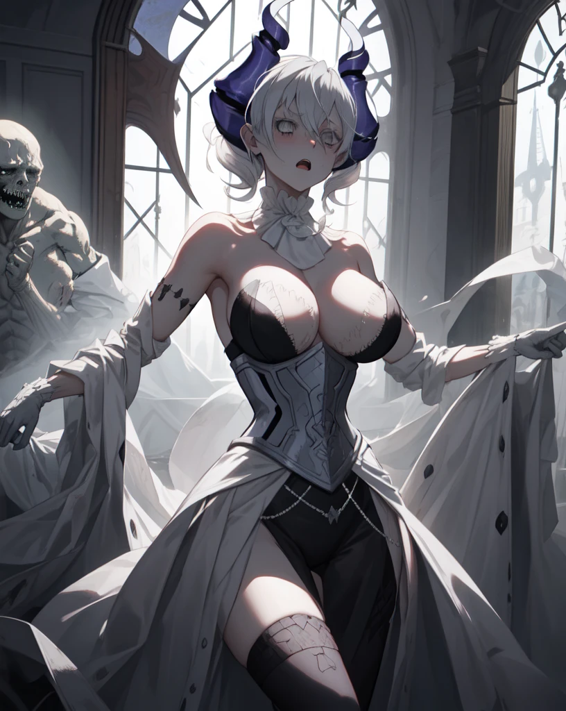 One girl, labrynth, Silver Hair, Grey Eyes, big breasts, horn, Cleavage, silver castle, Exquisite, blush, Nervous,Cowboy Shot, ,High quality generation of dark female characters, Unreasonable, A horror movie-like worldview with a black theme. It has a creepy and attractive appearance, The background is a dark and desolate landscape, Horror movie atmosphere. Her figure is terribly beautiful, Emphasizing the dark and crazy elements. Skillfully expressing the effects of light and shadow, detailed, The face and expression of the black costume are also carefully drawn.., Artistic elements add depth to the work. The overall atmosphere is creepy and nightmarish.., With a unique artistic touch. This movie is、The dark and crazy world of horror movies depicted in high definition., Evoke visual stimuli and aesthetic sense, It will terrify and excite the audience... I create works that combine the dark and Unreasonable worldview of horror movies with artistic elements