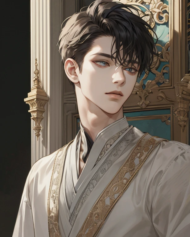 (extreamly delicate and beautiful:1.2), 8K,(masterpiece:1.0),(best_quality:1.0), 2boy, and intricate detailing, Enlarged textures, and intricate detailing, finely eye and detailed face, and intricate detailing, shiraga, (closed mouths), Perfect eyes, Equal eyes, (A male god)