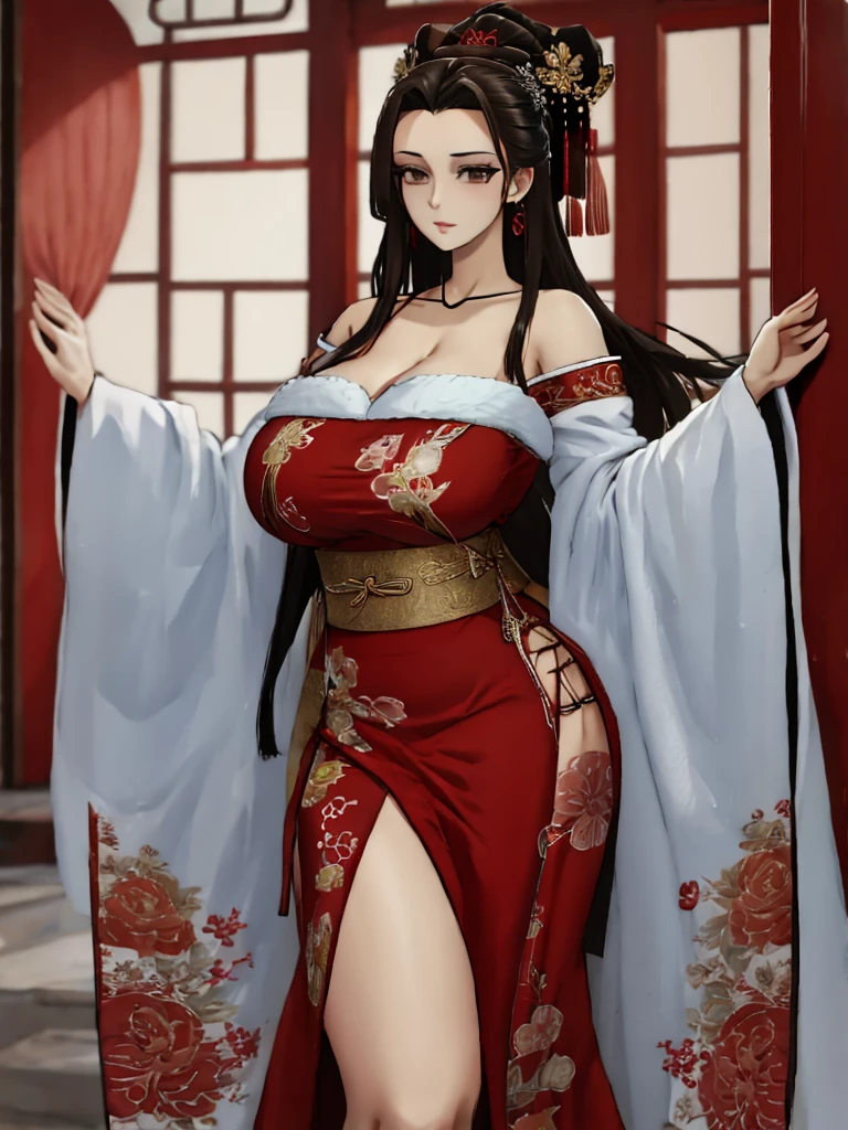 Reality, high resolution, 1 female, Mature female, Solitary, Huge Breasts,Showing cleavage,Hips up, Long hair, Hair accessories,earrings,Red Dress,Chinese clothes,necklace,Wide sleeves,sash,forehead gem