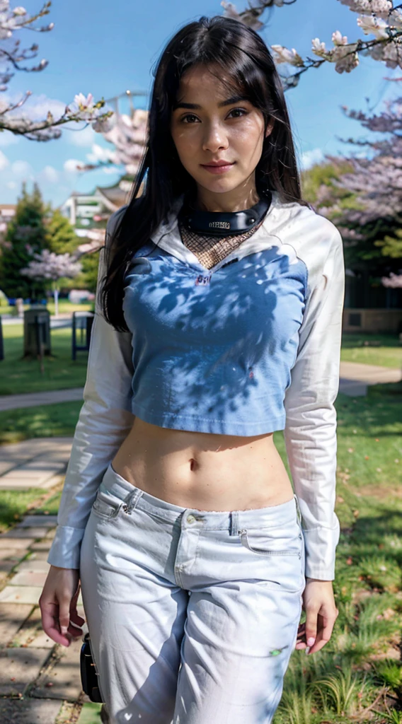 H1N4T4, 1girl, hyuuga hinata, solo, (realistic:0.5), masterpiece, solo, (best quality, perfect detailed, beautifully detailed face, detailed eyes), glistening shiny, ray tracing, DOF, HDR, gradient eyes, sharp eyelashes, ((eyelashes)), mascara, detail_face, eyelashes, shiny hair, flirting, seductive smile, parted lips, medium breasts, (soft particles floating:1.1), ((looking at viewer)), (playmate pose:1.1), (full body:1.1), ((8k wallpaper)), ((highres)), long hair, black hair, white eyes, (pants:1.2), hand on hip, hood, bangs, full body, standing, blurry, looking at viewer, long sleeves, smile, (grassfield:1.4), (tree:1.2), (cherry blossom:1.3), (blue sky:1.3), (sun),