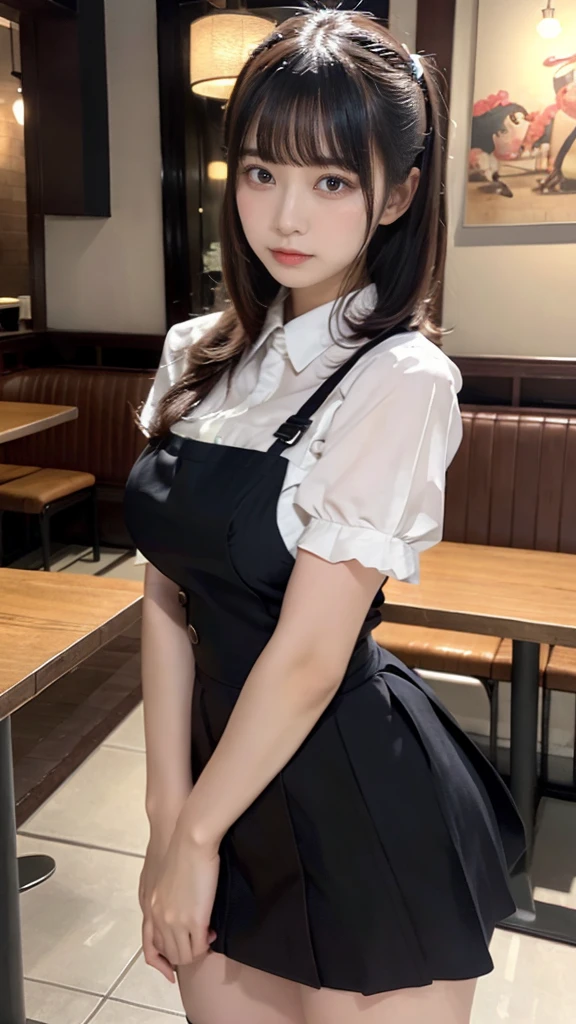muste piece, best quality, illustration, Super detailed, fine details, High resolution, 8K,wall paper, perfect dynamic composition,(Details High quality, realistic depiction of eyes:1.3), waitress uniform, restaurant, Puffy breasts, short bob hair、black hair color, Big Natural Color Lip, bold sexy pose, crying a little、cold gaze, Harajuku style、20 year old girl、cute type、ta、beautiful legs, gravure idol, Voluptuous thighs