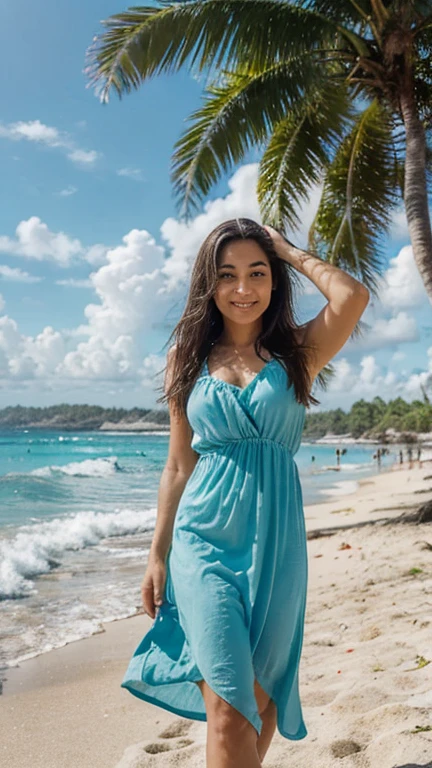 (best quality,ultra-detailed,realistic:1.37),a beautiful woman on the beach,ocean waves,tropical paradise,sun-kissed skin,sandy toes,colorful beach towel,captivating smile,flowing beach dress,coconut trees swaying in the breeze,serene and peaceful atmosphere,crystal clear turquoise water,seagulls flying in the sky,faint sound of seashells,tranquil sunset,palm tree shadows,blissful relaxation,lush greenery,gentle ocean breeze,sparkling golden sand,warm golden sunlight,harmony with nature,calm and soothing colors,natural beauty,harmonious beach scene