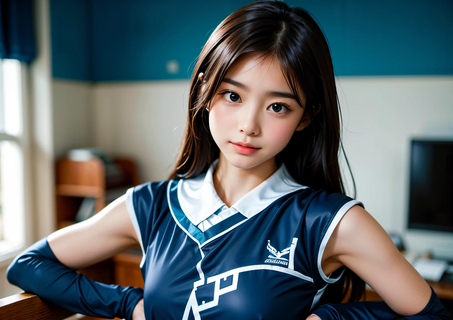 A beautiful woman in cheerleading uniform in the room