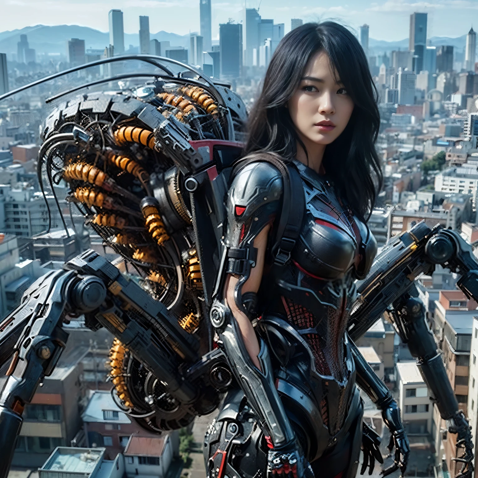 A spider-inspired mechanical backpack、devil、Strengthen the outer frame、Japanese women、Very beautiful face、full body shot、Realistic、Ultra-realistic、Super detailed、Extremely intricate details、Lighting that highlights the machine、Glossiness、Ruined metropolis background
