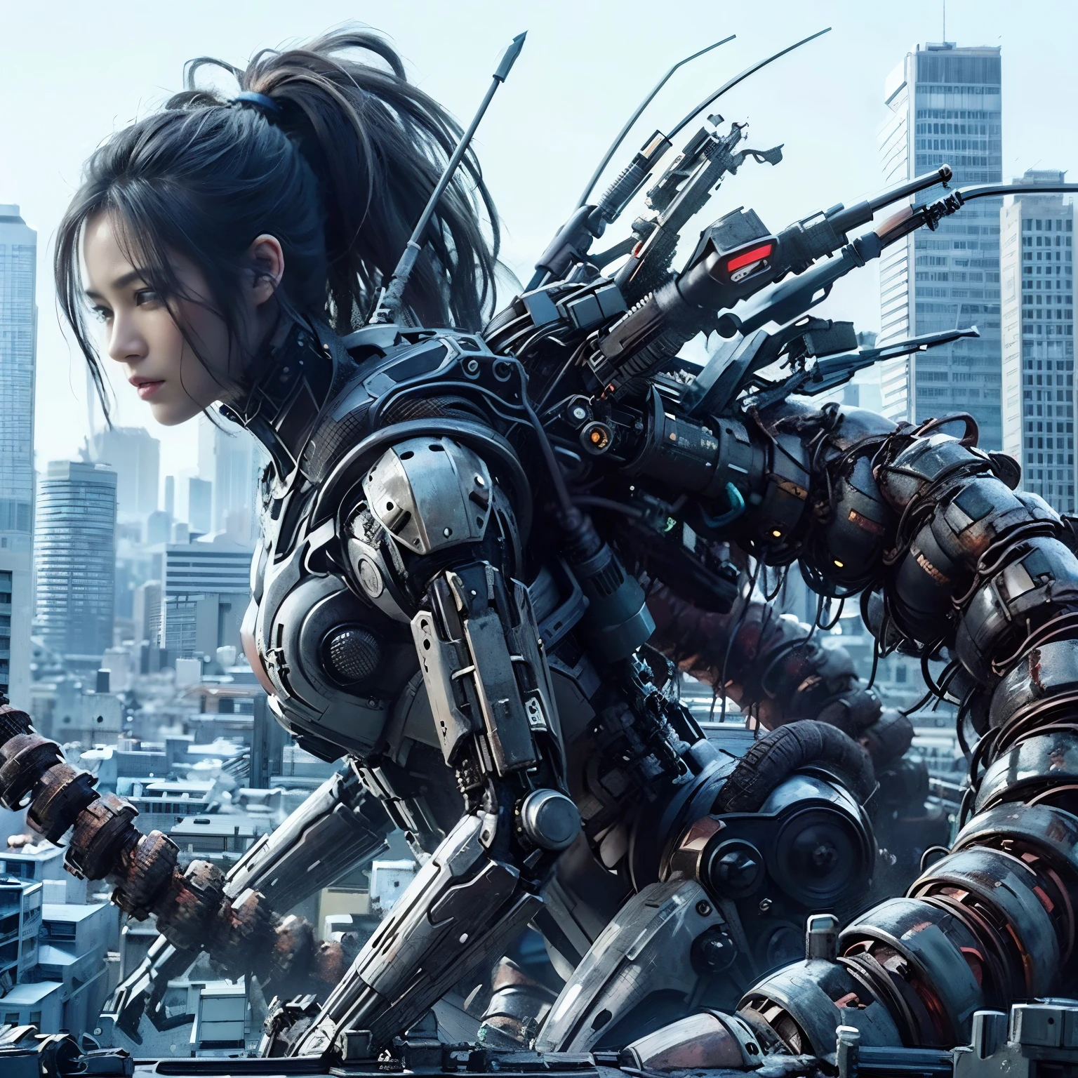 A spider-inspired mechanical backpack、devil、Strengthen the outer frame、Japanese women、Very beautiful face、full body shot、Realistic、Ultra-realistic、Super detailed、Extremely intricate details、Lighting that highlights the machine、Glossiness、Ruined metropolis background