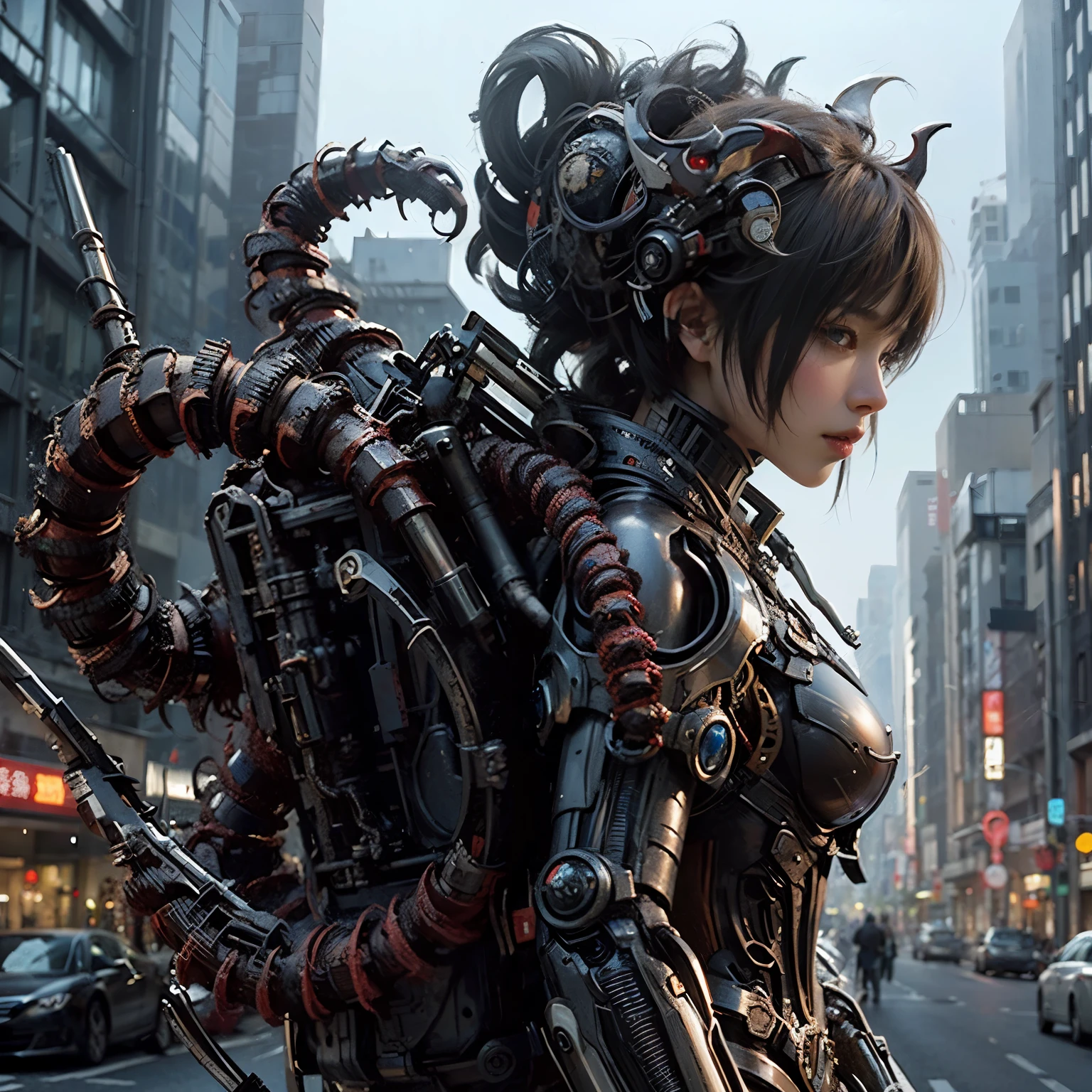 A spider-inspired mechanical backpack、devil、Strengthen the outer frame、Japanese women、Very beautiful face、full body shot、Realistic、Ultra-realistic、Super detailed、Extremely intricate details、Lighting that highlights the machine、Glossiness、Ruined metropolis background