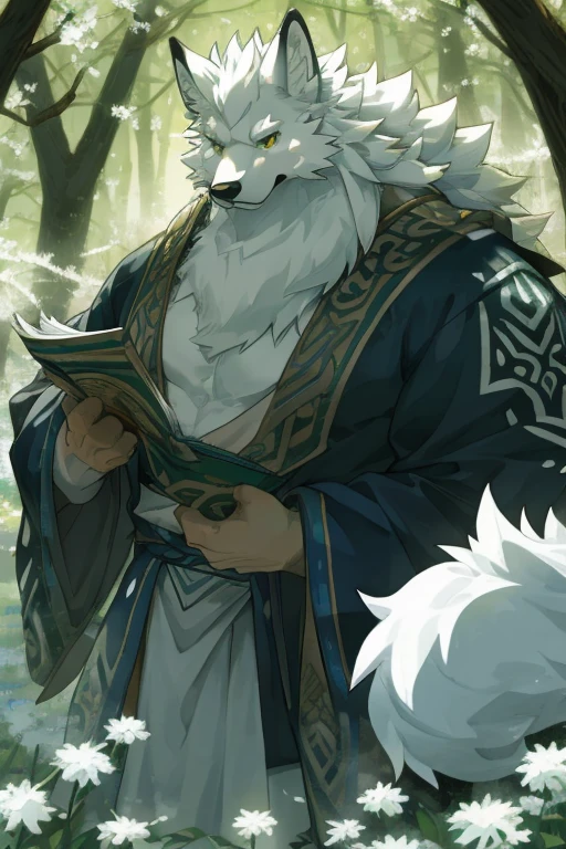 HD，white fox，hairy，Beast field（arctic fox），White hair，Humanoid，Mature，Fat and strong，Scholar，Holding a paper fan，In the spring forest。