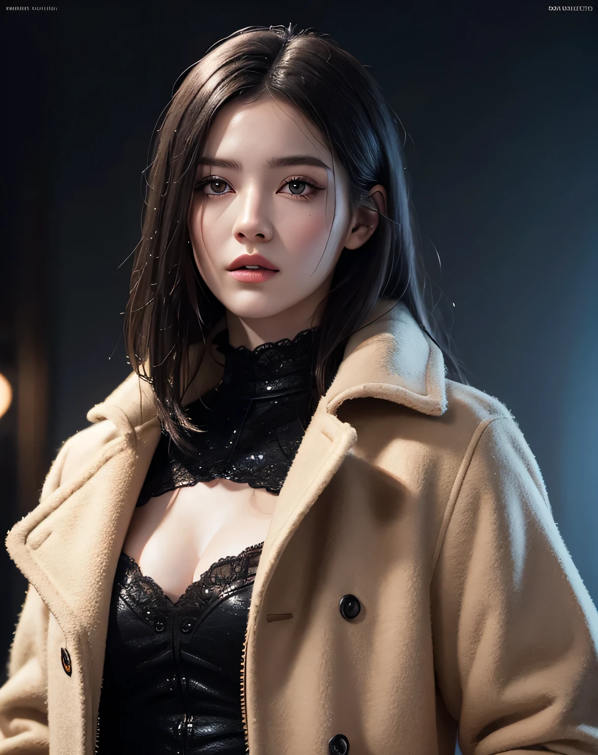 Beautiful girl with realistic black eyes, pale skin, medium length black hair, perfect face, perfect eyes, wearing a coat, very detailed, comprehensive movie, digital painting, 8K, cinematic lighting, highest quality, High resolution, Great job!, Post-processing, perfect result, surreal,(((revealing clothes))),big breasts