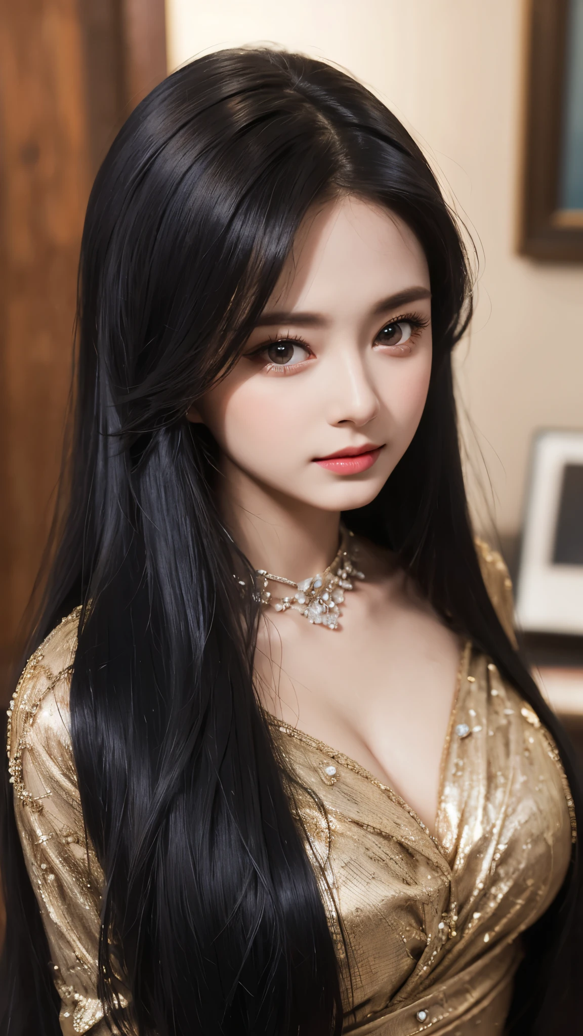 "In the style of an oil painting, a woman with incomparable style stands before you. Her thick coating of paint adds depth and dimension to her already stunning beauty. Her long black hair falls gracefully down her waist, framing her exquisite facial features. Her long eyelashes and dark brown pupil eyes draw you in, while her perfectly applied lip balm adds a touch of elegance. Each strand of hair is carefully rendered, creating a beautiful and unique piece of art."