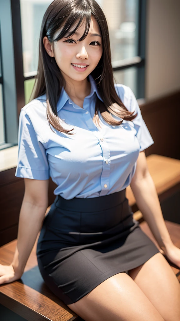 Japanese Beauty,Business service, Grey Skirt, Business Attire,  Work clothes, Work clothes, Catalogue photo, from me, Detailed Images, Business Attire装, Image Center, grey, white shirt and Grey Skirt, Wearing business casual dress,Her white panties are visible from under her skirt,laughing,Sitting,slim japanese woman,thin shirt,
