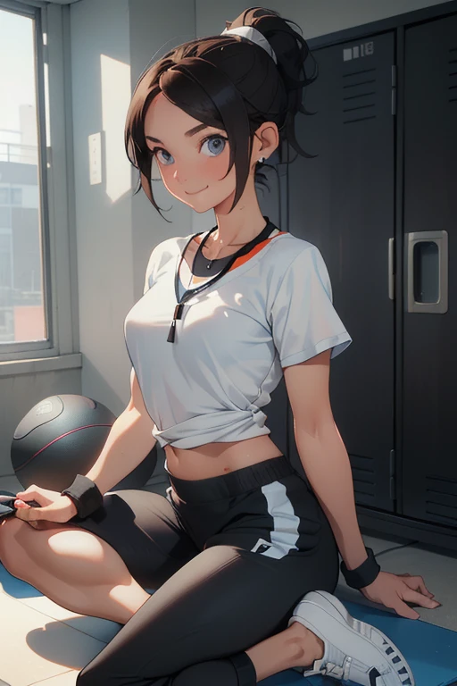 masterpiece, best quality, 1girl, portrait, 37 year old woman, short brown hair, ponytail styled hair, blue eyes, ((Wearing: White Gym T-shirt, Black Gym sweat pants, whistle necklace and black tennis shoes)), smile, indoors, locker rooms