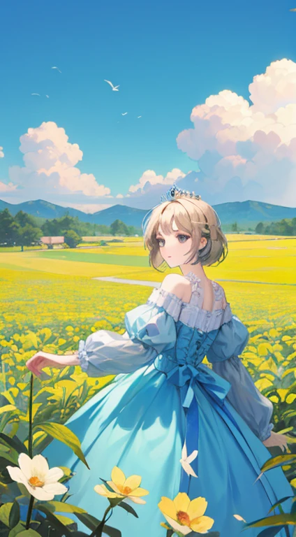 campo de trigo, uma princesa em um campo de trigo, grandes nuvens, blue sky, Arrozal, mudas de arroz puro no campo, floresta, encosta, isolado, Rural, Detalhe HD, hiper-detalhe, cinematic, Surrealismo, luz suave, bokeh de foco de campo profundo, ray tracing and Surrealismo. --v6