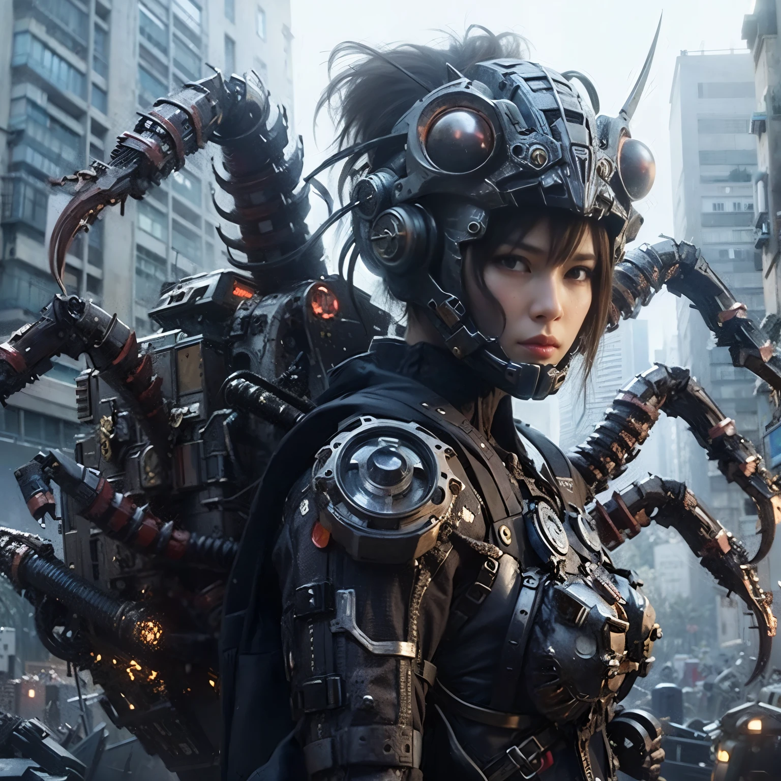 A spider-inspired mechanical backpack、devil、Strengthen the outer frame、Japanese women、Very beautiful face、full body shot、Realistic、Ultra-realistic、Super detailed、Extremely intricate details、Lighting that highlights the machine、Glossiness、Ruined metropolis background