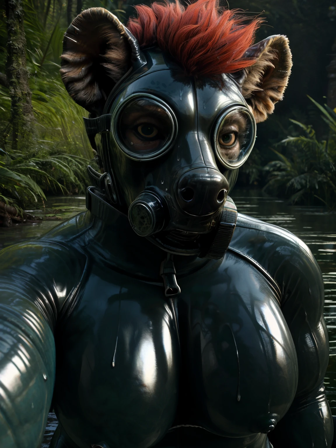 sweat drops, photography, (cool posing:1.1025), hyena, ultra realism shading, sweaty, red hair and eyes, photorealistic, (black latex suit), gas mask, suggestive, (rembrandt:1.1025), huge breasts, (sweaty:1.7), biceps, hunk, muscle gut, overweight, chubby, nsfw, in a swamp, ((extreme close up)), (selfie POV),