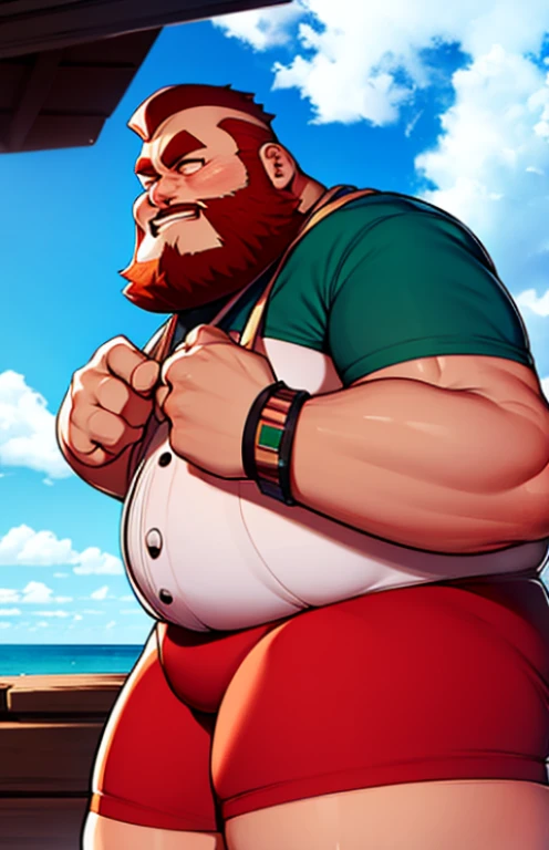 Despido usando apenas sunga vermelha, (((a fat bearded man zangief personagem do jogo Street fight 6))),walking barefoot on the beach ((wearing only red swim speedo)),(he doesn't wear a t-shirt),(he doesn't wear shorts), sunglasses, smiling, holding a glass of wine, short white hair, watch on the wrist, Nordic bracelets on the wrist, Nordic cord around the neck, incredible clouds in the sky, reflection of the sun, low angle of the image.