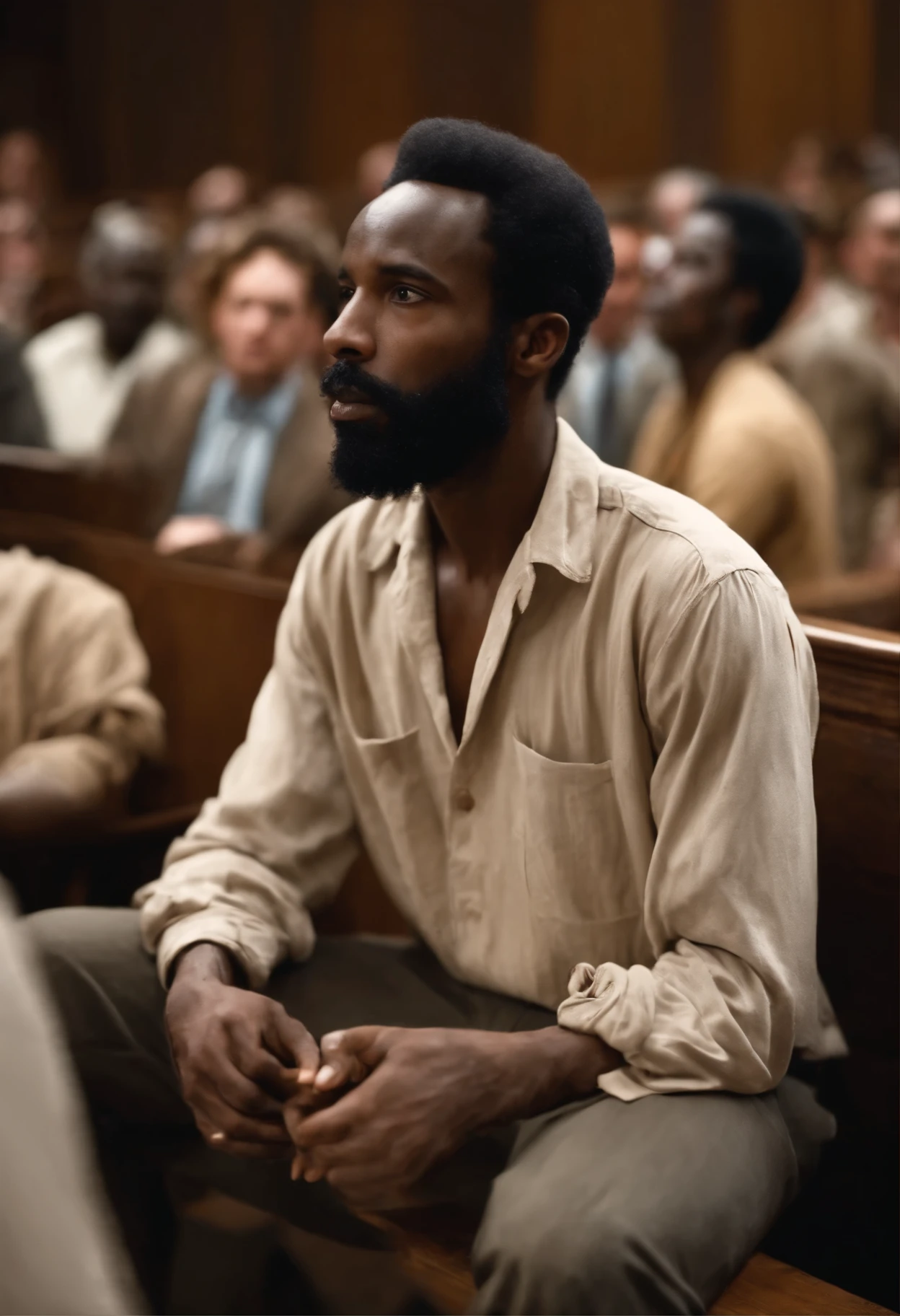 A skinny Black man with beard, his hands are clasped, he is wearing an old dirty shirt and pants. He is in a courtroom with wooden benches full of white people, there is no tv, he is looking desperate. It occurs on december 1954.