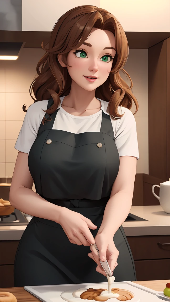 masterpiece, highest quality, Highly detailed 8k CG, High resolution, Create 3D Pixar-style cartoon scenes, Where women are, Wavy brown hair and green eyes、50 years old, She is cooking dressed as a pastry chef., whole body