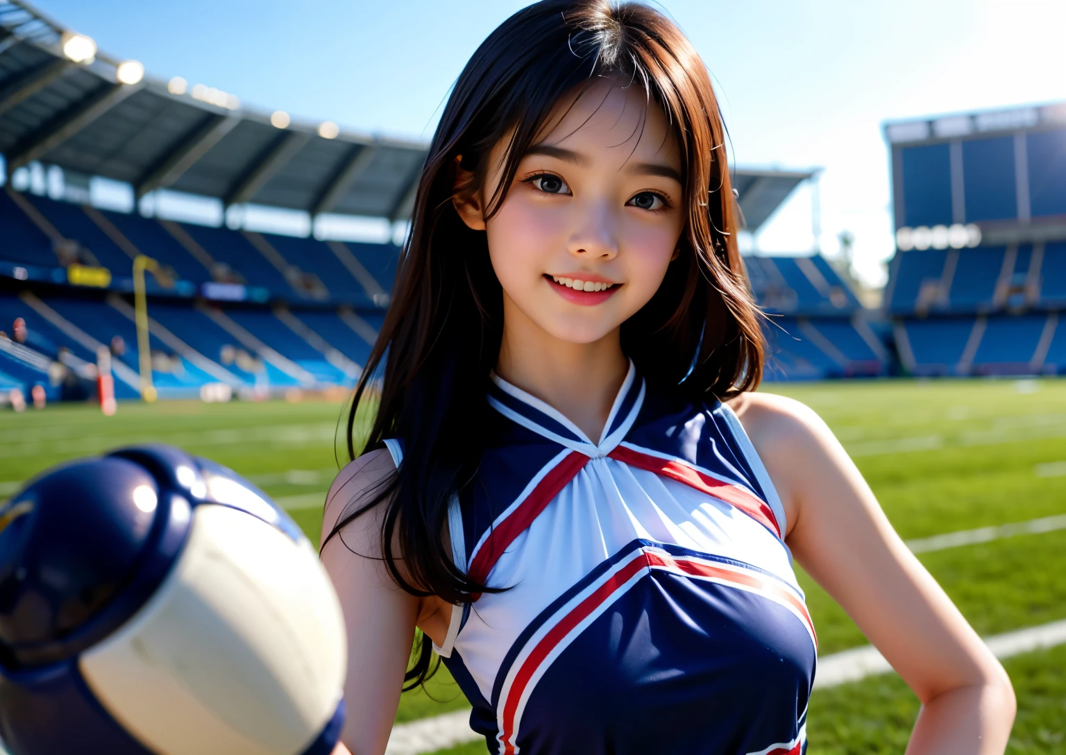 A beautiful girl in cheerleading uniform on the football field