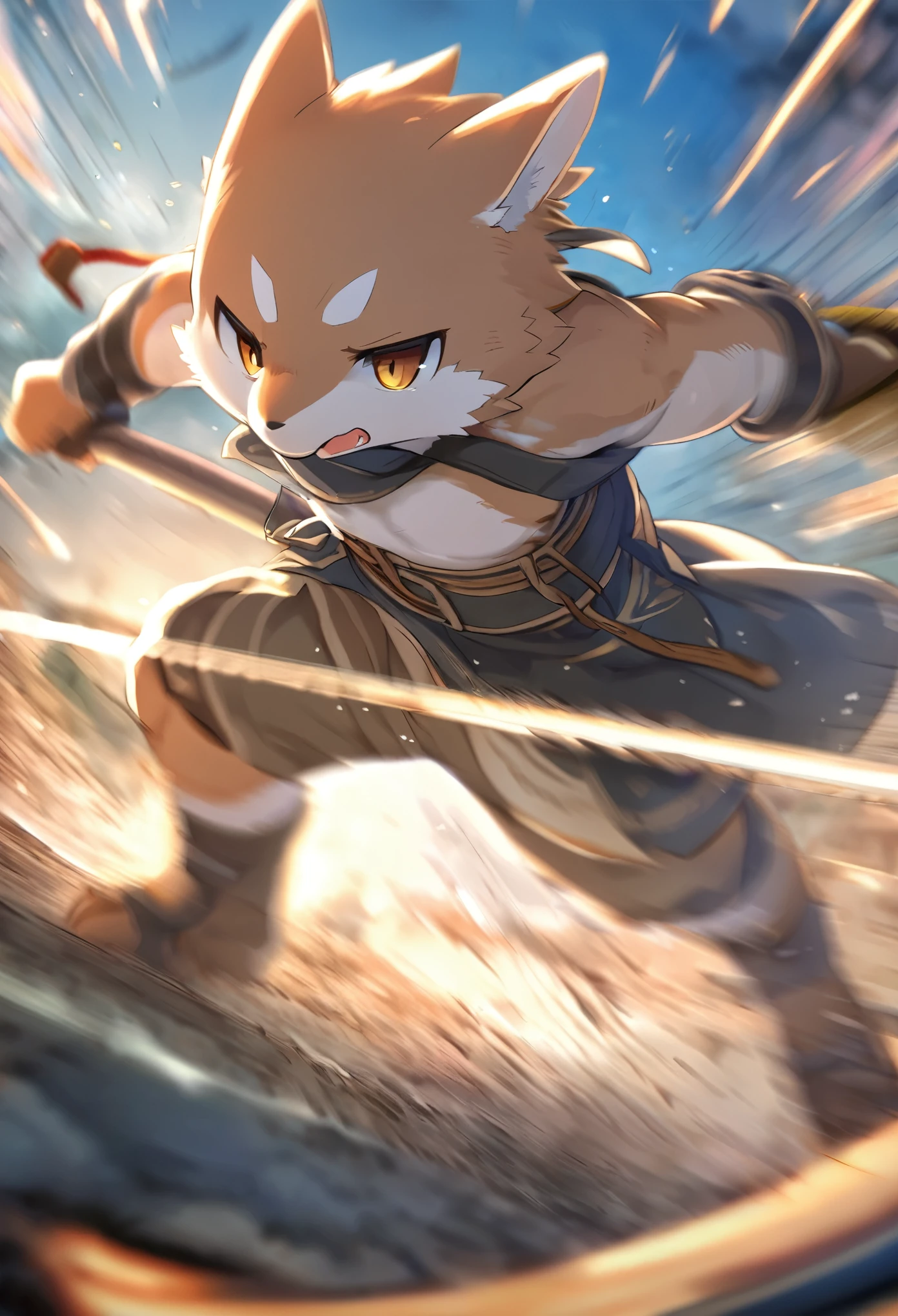 top quality, high-quality illustrations((masterpiece))depth of field, motion blur, absurdres, Perfect Anatomy, magnificent picture of kemono fighting fierce battles, kemono, 1boy, solo focus, Anthro((dramatic))epic, weapon, dynamic pose, One scene of movie,