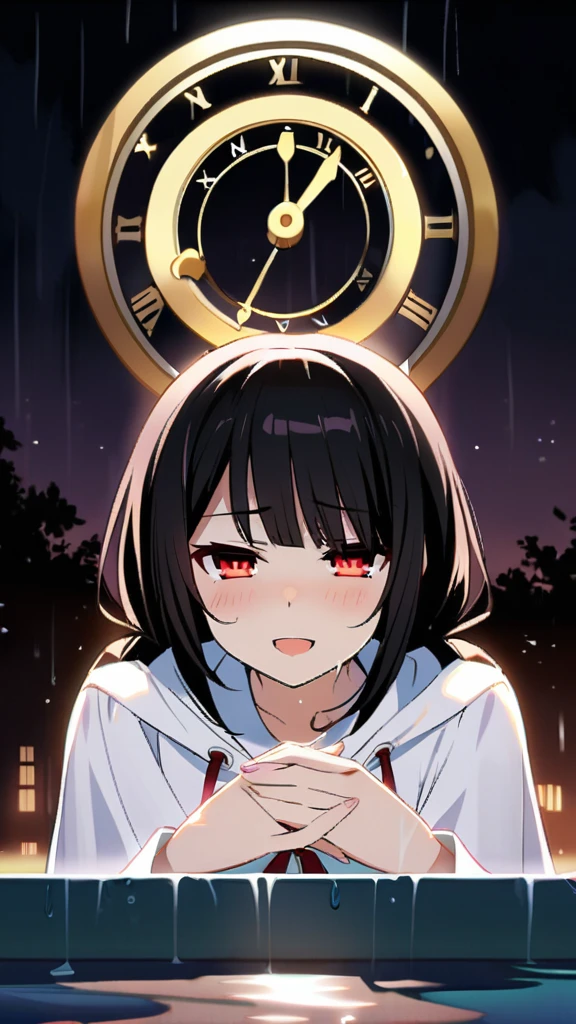 1girl, Kurumi Tokisaki, ((DATE A LIVE ))pearly skin and long, black hair usually tied in long twin tails. Her right eye is red-tinted, her left eye appears as a golden (inorganic clock face in her left eye) , In the stillness of the rainy night, a anime girl dressed in a white robe sat by the edge of the swimming pool. The pool's water shimmered under the dim light, casting a soft glow on her intertwined hands hanging in the water. Her open mouth formed a radiant smile, and her dark, lustrous hair was in disarray, framing her beautiful, blushing face. Her eyes, wide and expressive, reflected a joyful smile, overlapped with two gleeful emoticons. Her black hair, slick with water, clung to her shoulders, making her plump body appear even more voluptuous in the dim light. Her Medium. Sfw (sfw:1.3)